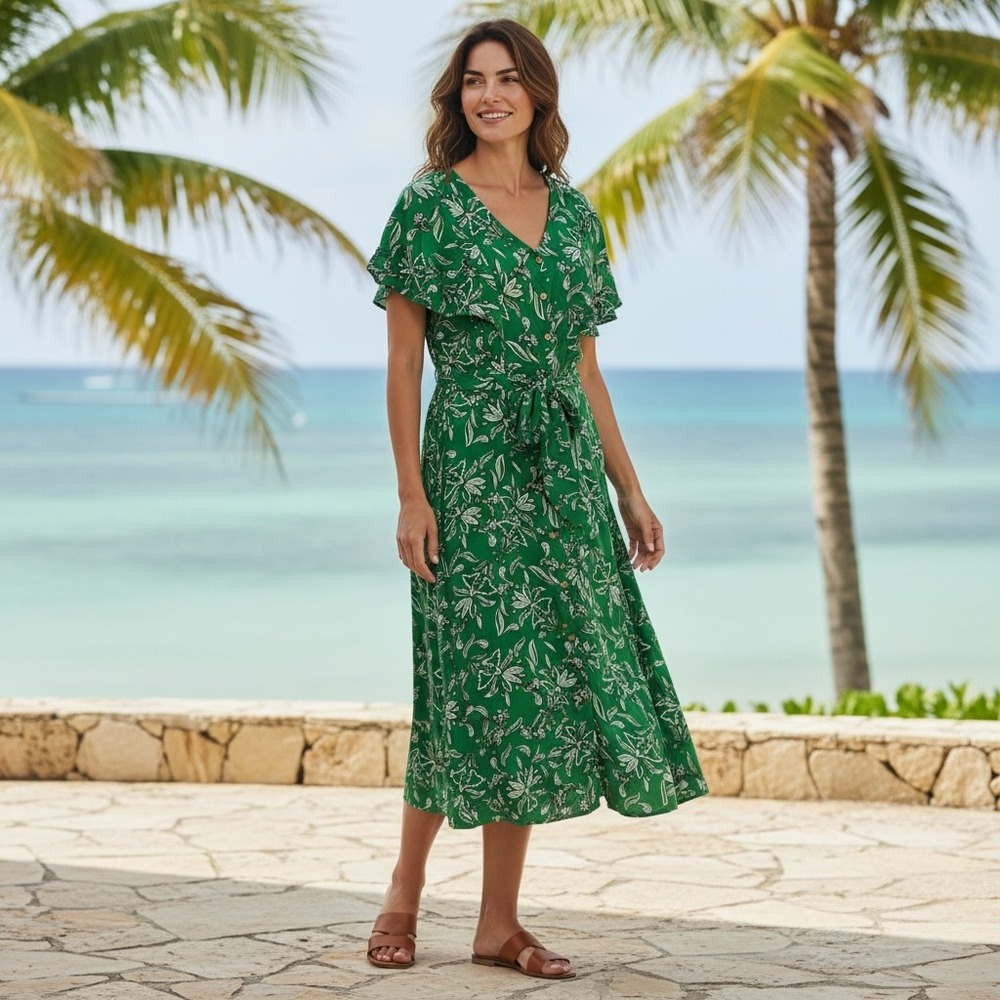 Max Floral Botanical Viscose Button Front Midi‎ Dress Resortwear Cruise Size 12